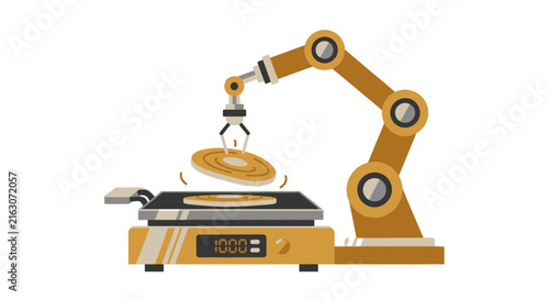 Automated Robotic Arm Cooking Pancakes on an Electric Griddle - Future of Food Technology and Kitchen Automation Vector Illustration