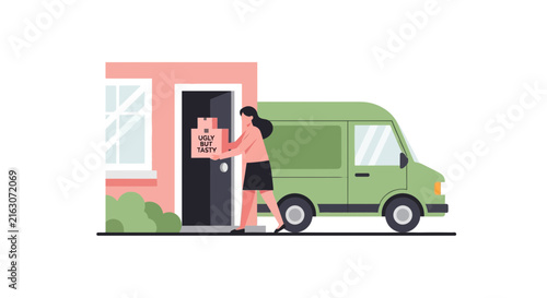 Sustainable Food Waste Reduction Delivery Concept: Woman Delivering Ugly But Tasty Produce Box with Green Van