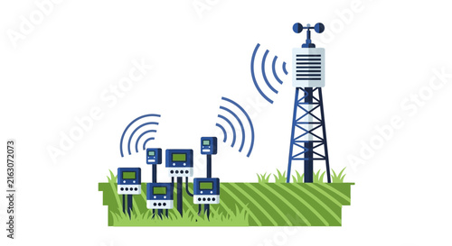 Smart Farming and IoT Precision Agriculture Vector: Wireless Soil Sensors in Crop Field Transmitting Data to Communication Tower for Remote Monitoring and Weather Analysis