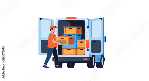 Delivery Man Loading Fresh Produce Crates into a Cargo Van Illustration for Logistics and Supply Chain Concepts