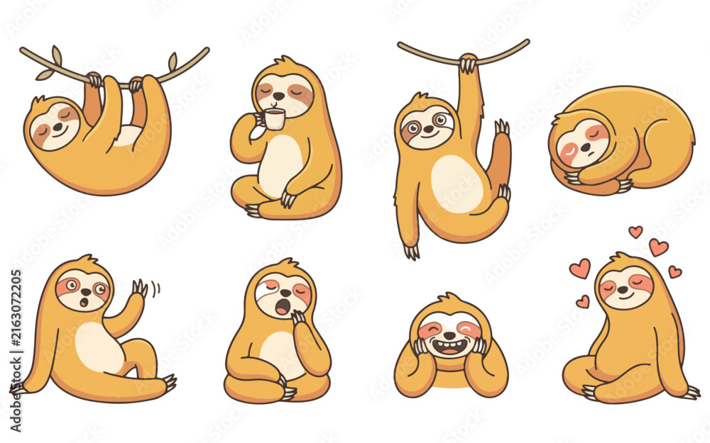 Naklejka premium Cute sloth vector illustration set isolated on transparent background