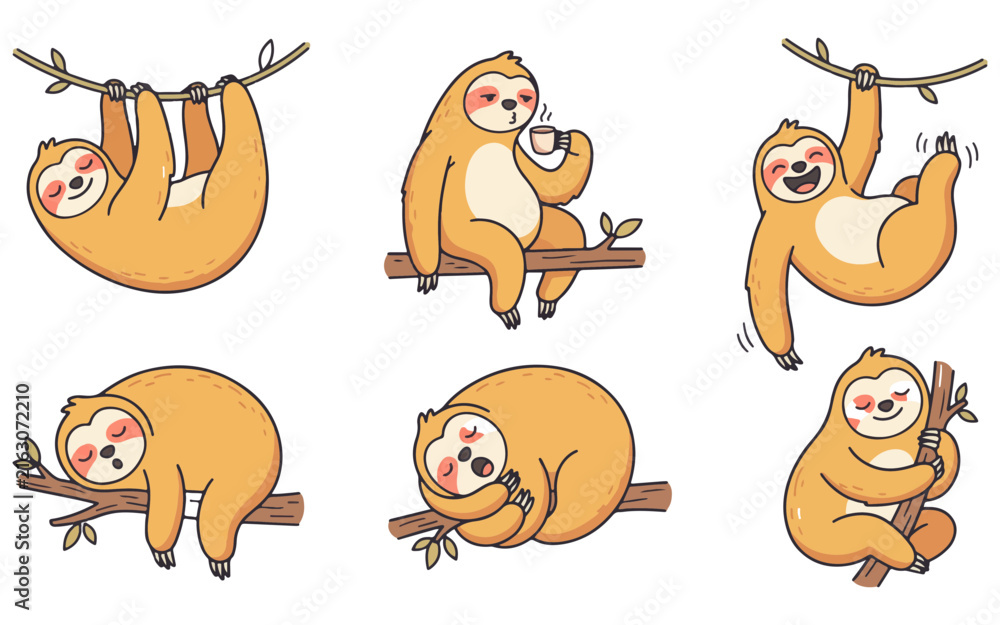 Naklejka premium Cute Sloth Character Set Hanging Sleeping Drinking Coffee