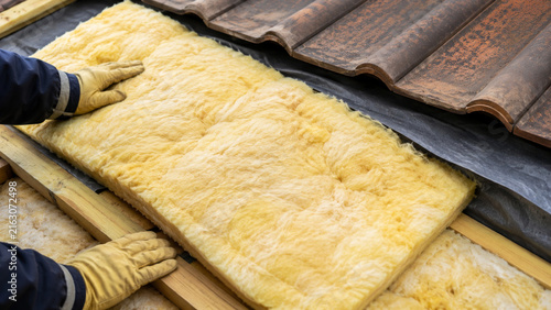 Workers Installing Roof Insulation During Residential Construction