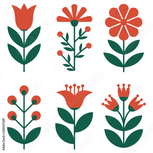 Set of Red Flowers and Leaves Vector Illustrations for Floral Pattern, Botanical Nature Design, Spring Summer Decoration, Vintage Wallpaper and Garden Ornament