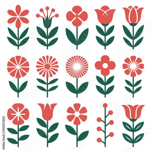 Seamless Floral Pattern with Red Flowers and Green Leaves, Elegant Botanical Vector Illustration for Nature, Spring, Summer, Wallpaper, Textile, Fabric, Vintage Decoration and Ornament:::