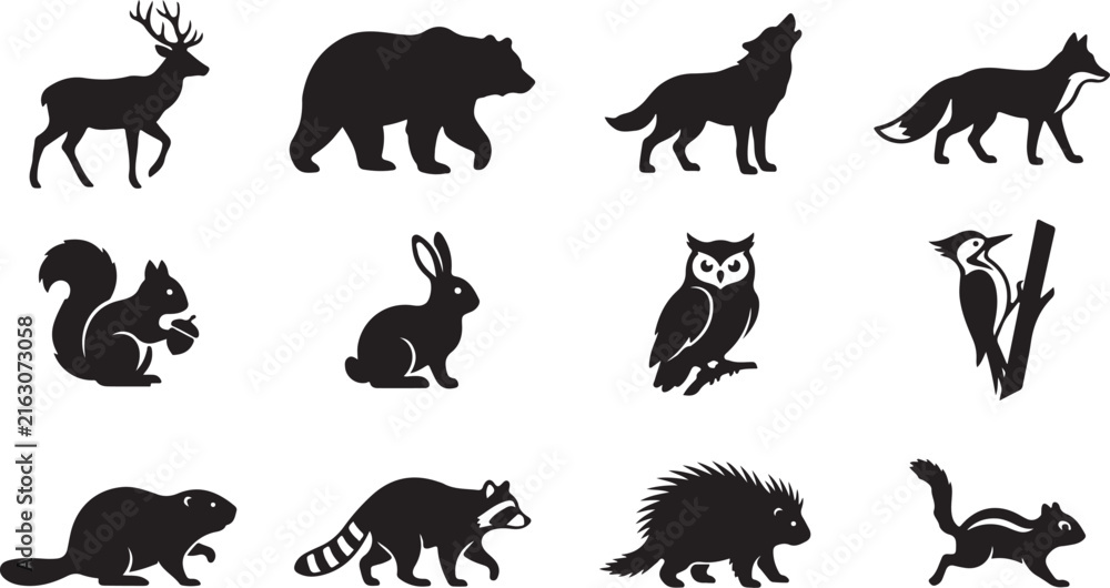 Obraz premium Set of twelve black silhouettes of north american forest animals including a deer, bear, wolf, fox, squirrel, rabbit, owl, woodpecker, beaver, raccoon, porcupine, and a chipmunk on white background
