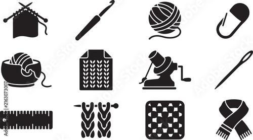 Foto Set of twelve black silhouette representing knitting and crochet tools, includin