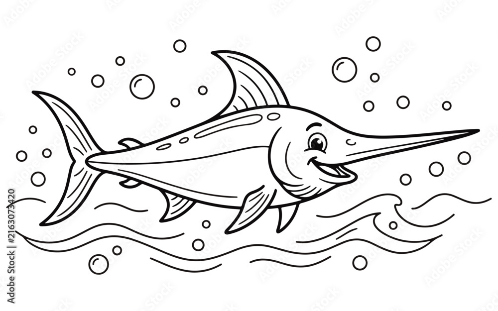 Obraz premium Swordfish illustration with bubbles and waves rendered in a linear style