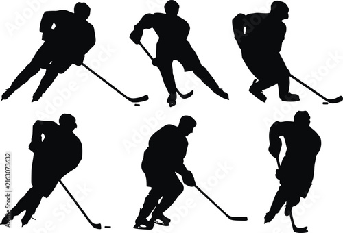 Photography Ice Hockey Player Silhouette Set, Six Black Vector Athletes in Action
