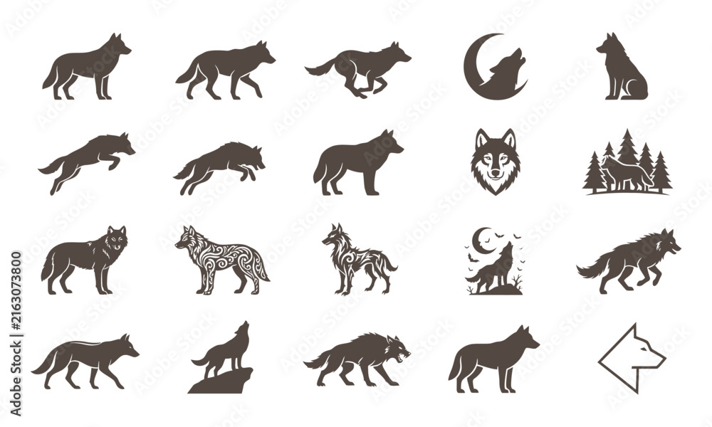 Obraz premium Collection of wolf silhouettes isolated on transparent background vector set
