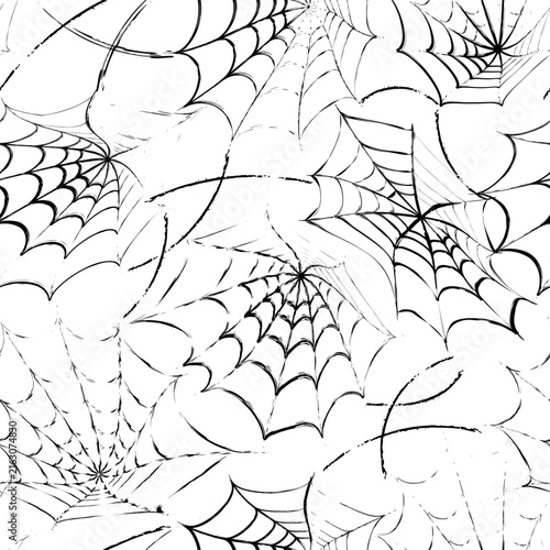 Halloween seamless pattern with stretched torn spider web in grunge style. Rough outline illustration in grunge style. Black contour design element on transparent background