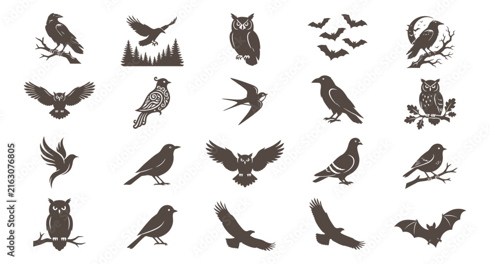 Fototapeta premium Birds and nocturnal creatures vector icon collection
