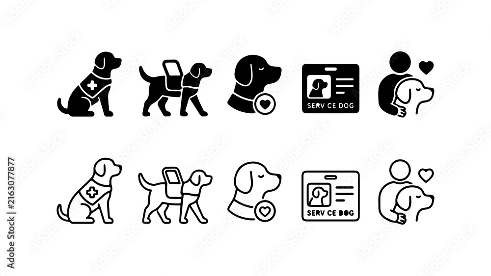 Fototapeta premium Service Dog Icon Set in Solid Silhouette and Linear Outline Style