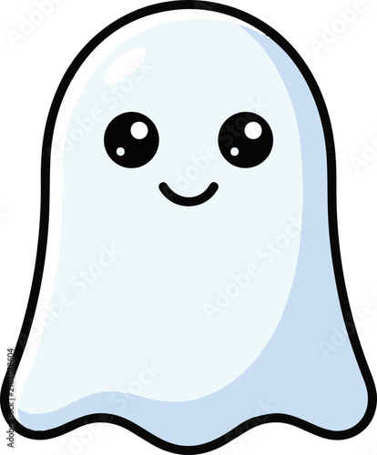 Kawaii style white ghost cartoon illustration with big adorable eyes and a friendly smile, perfect for spooky Halloween designs and kids.