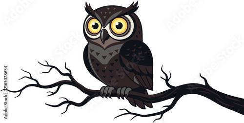 Stylized nocturnal owl illustration with big yellow eyes perched on a bare tree branch. Wise forest bird graphic design element.