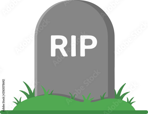 RIP gravestone cartoon icon, simple grey tombstone in green grass on white, symbolizing death, memorial, funeral, and burial.