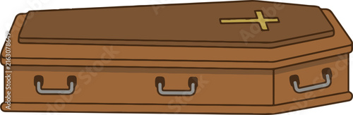 Cartoon Wooden Coffin Illustration with Golden Cross, Funeral and Burial Casket Concept Vector Graphic