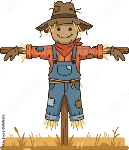 Cheerful cartoon scarecrow character in overalls and hat, standing in a rustic farm field, ideal for autumn, harvest, and Halloween.
