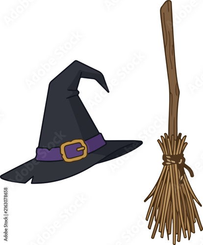 Classic witch's hat with purple band and golden buckle next to a straw broomstick, perfect for Halloween and fantasy illustrations.