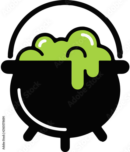 Black Cauldron with Bubbling Green Potion Vector Illustration for Halloween, Magic, and Witchcraft Themes