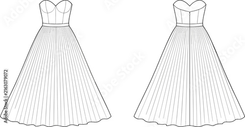 Flat sketch women long pleated gown with strapless sweetheart bustier bodice technical fashion illustration CAD