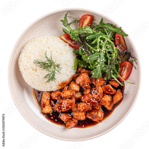 Teriyaki chicken with rice and salad