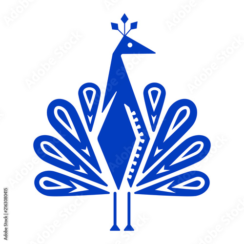 Minimalist geometric peacock Scandinavian folk art royal blue graphic illustration background
