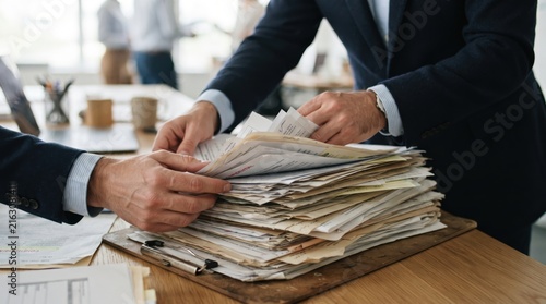 Plakat w ramie Business people organizing a large stack of paperwork and documents on an office desk