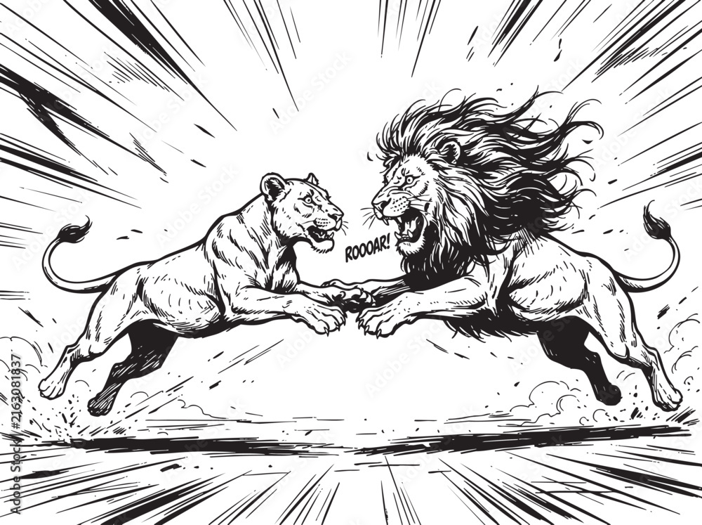 Obraz premium Aggressive lion and lioness fighting, epic battle scene, feline struggle vector, manga style wildlife combat, monochrome speed lines