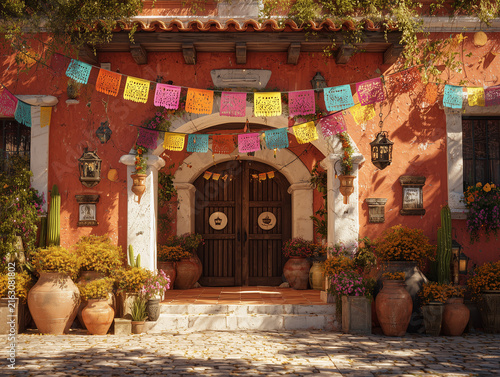 Traditional Mexican hacienda entrance decorated for Independence Day, papel picado, lanterns, floral garlands, terracotta pots, photorealistic, highly detailed, no people, 8k