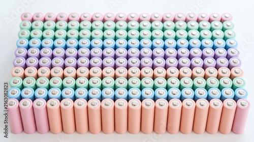 Batteries Arranged in a Neat Grid of Pastel Colored Cylindrical Cells
