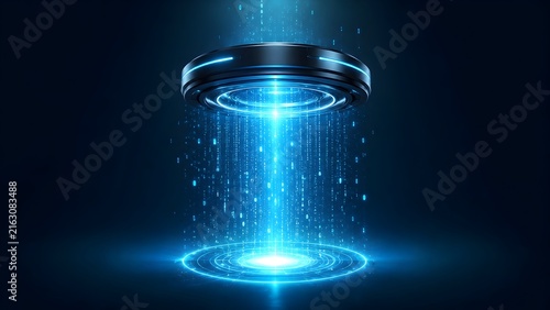Futuristic glowing blue data portal projecting binary code light beam for cyber technology and cloud computing concept.