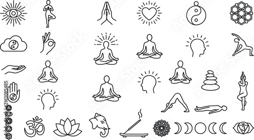 Yoga Meditation Line Icon Set Featuring Chakra Om Lotus Ganesha Incense Asana Poses and Spiritual Symbols Vector (17 words)