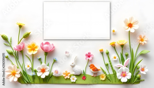 A festive Easter scene featuring a white rabbit and an orange bird surrounded by a profusion of colorful spring flowers set against a clean white background. A blank white rectangular frame is central
