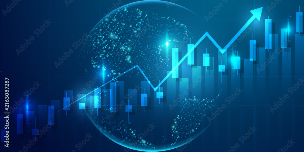 Fototapeta premium Abstract financial background with stock market candle chart and glowing digital data flow. 
