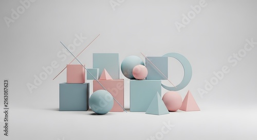 Abstract composition of pastel geometric shapes like spheres cubes and pyramids 3d