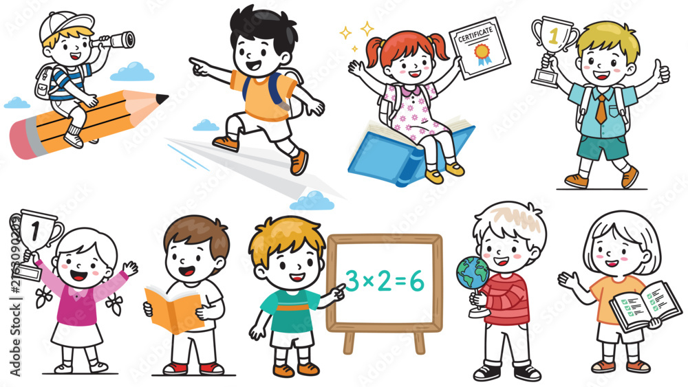 Fototapeta premium Vector Set of Happy Cartoon School Children Characters Learning and Celebrating Success on White Background