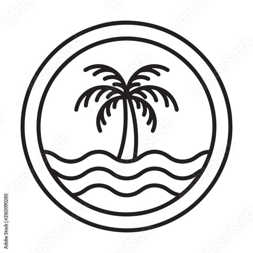 Palm tree and waves within a circular line illustration