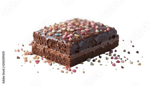 Chocolate brownie square with colorful sprinkles isolated on transparent background