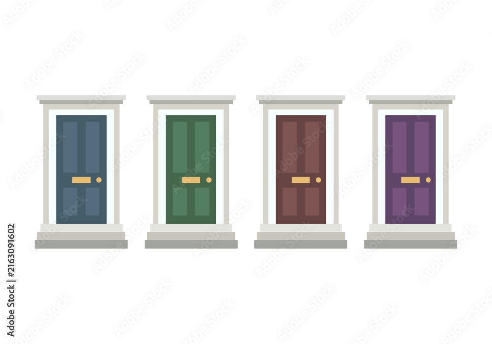Fototapeta premium Cuatro puertas clásicas de diferentes colores con marcos blancos