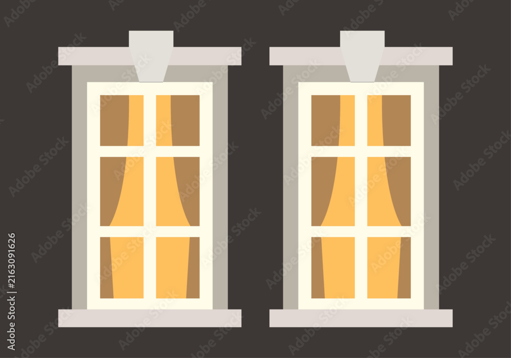 Fototapeta premium Dos ventanas iluminadas con cortinas sobre fondo oscuro