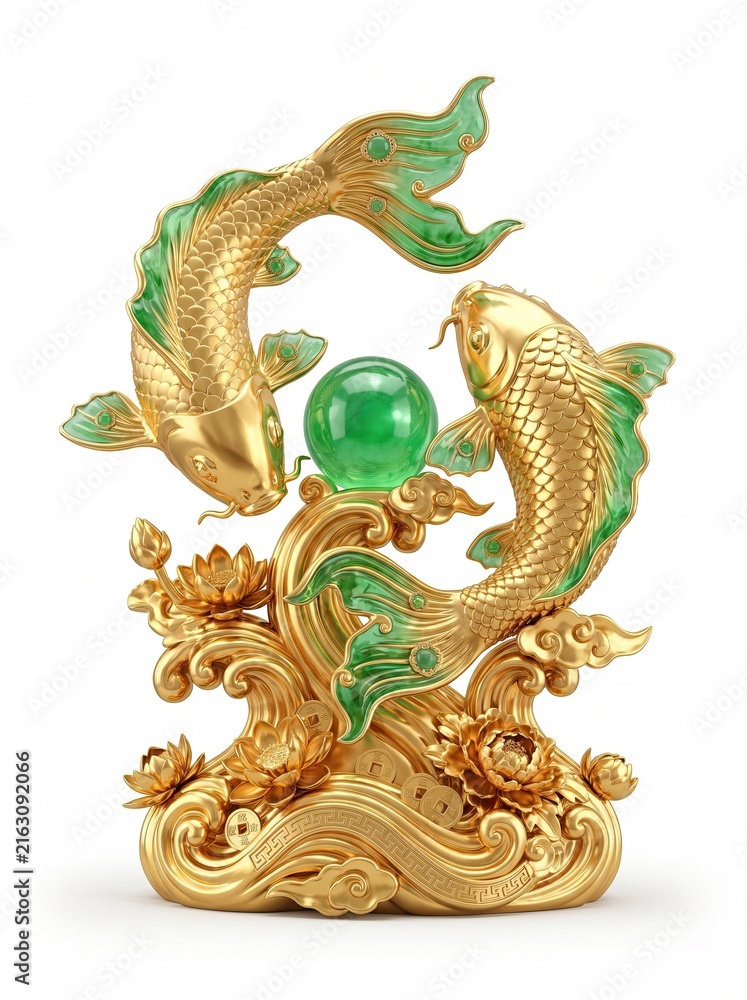 Fototapeta premium Magnificent Chinese feng shui Koi carp sculpture symbolizing continuous prosperity featuring two golden fish swimming around an emerald jade pearl on detailed traditional wave pedestal