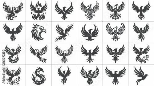 Collection of Twenty-Four Black and White Phoenix and Eagle Logos