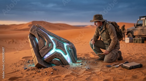 Explorer examining a glowing alien artifact discovered in the vast desert sand dunes