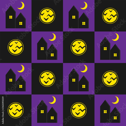 Halloween seamless pattern with haunted house, full moon. Icons and symbols in checkerboard grid pattern. Flat geometric style.