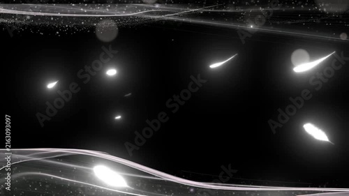 Petals glow and float across a dark abstract background.