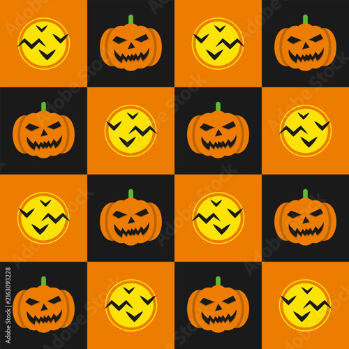 Seamless geometric pattern with Halloween holiday symbols. Scary pumpkin, full moon with flying bats in staggered checkerboard layout. Simple flat style