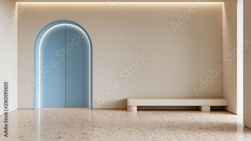 Minimalist room with arched blue door and stone bench on terrazzo floor