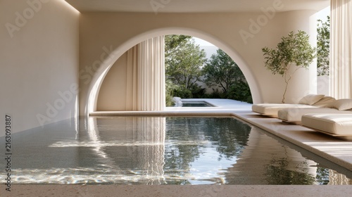 Modern minimalist pool area with arched opening to lush greenery and lounge seating