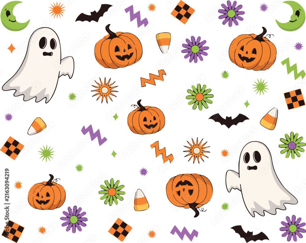 Fototapeta premium Whimsical Halloween pattern with smiling pumpkins playful ghosts candy corn and festive bats during a bright cheerful celebration